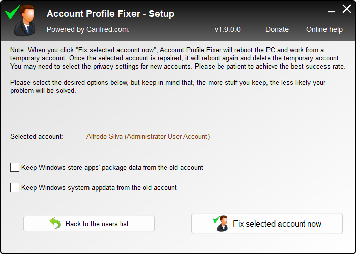 Account Profile Fixer - Setup confirmation