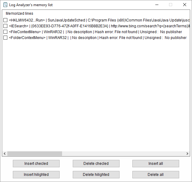 Log Analyzer's memory list