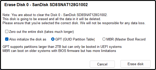 Erase/Initialize disk