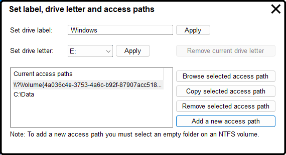 Set label, drive letter and paths