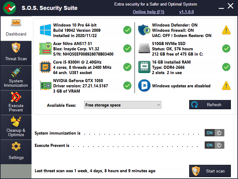 S.O.S Security Suite 1.2.0.0 Dashboard
