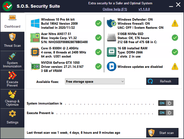 Tableau de bord de SOS Security Suite