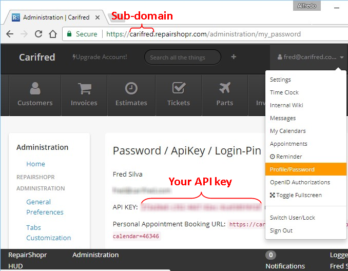 Repairshopr API key and sub-domain
