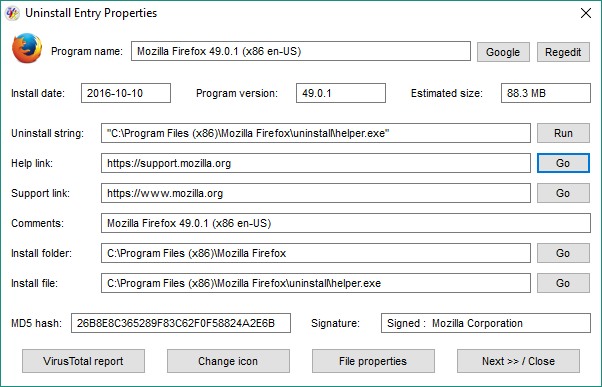 Uninstall entry properties