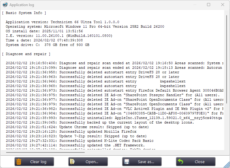 Application log window
