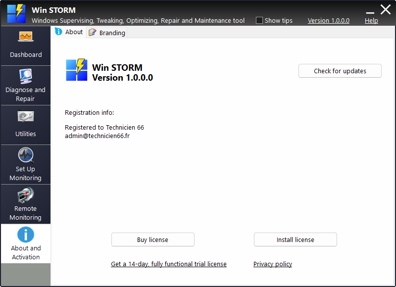 About and Activation tab