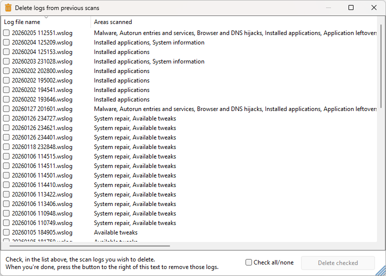 Delete logs from previous scans