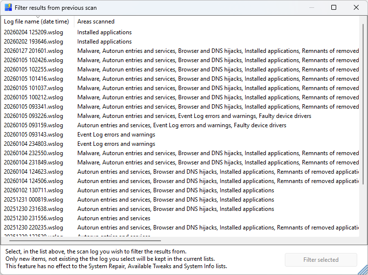 Filter results from previous scan