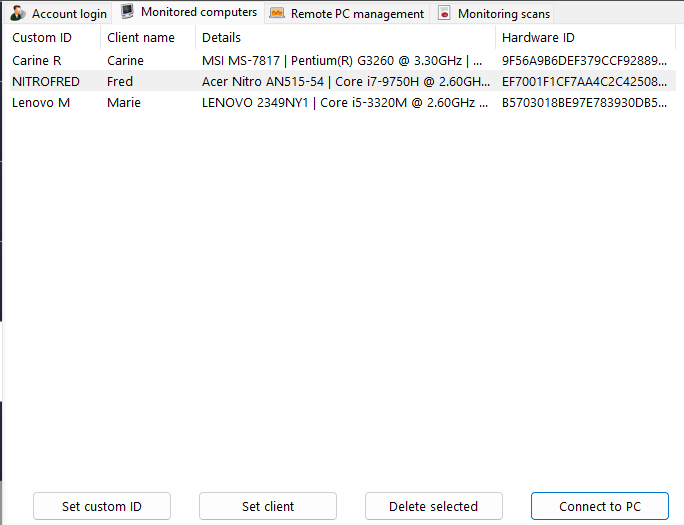Monitored computers tab
