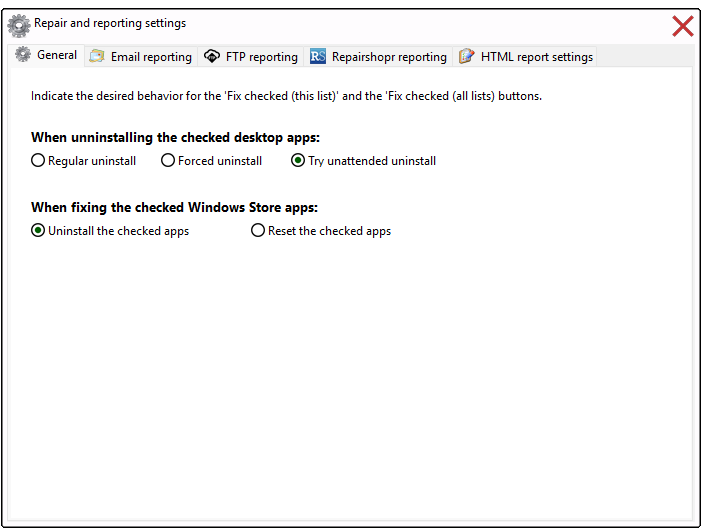 Repair and reporting settings