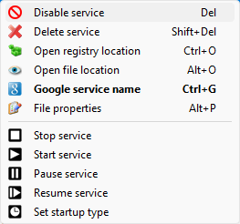 Services list's context menu