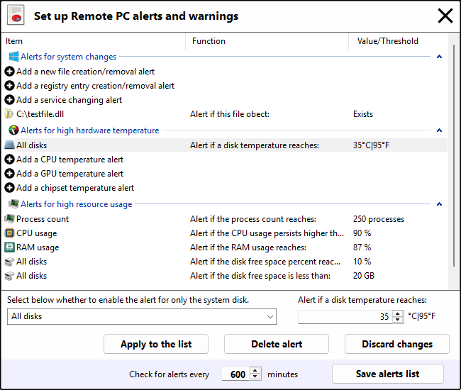Set up PC alerts and warnings