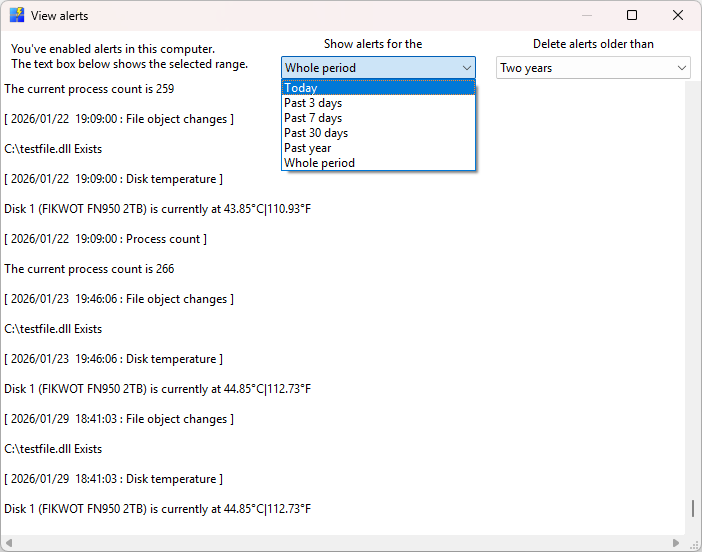 View or manage alerts and warings dialog box